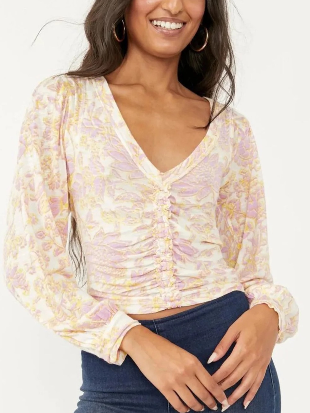 Free People Floral Ruched V-Neck Blouse